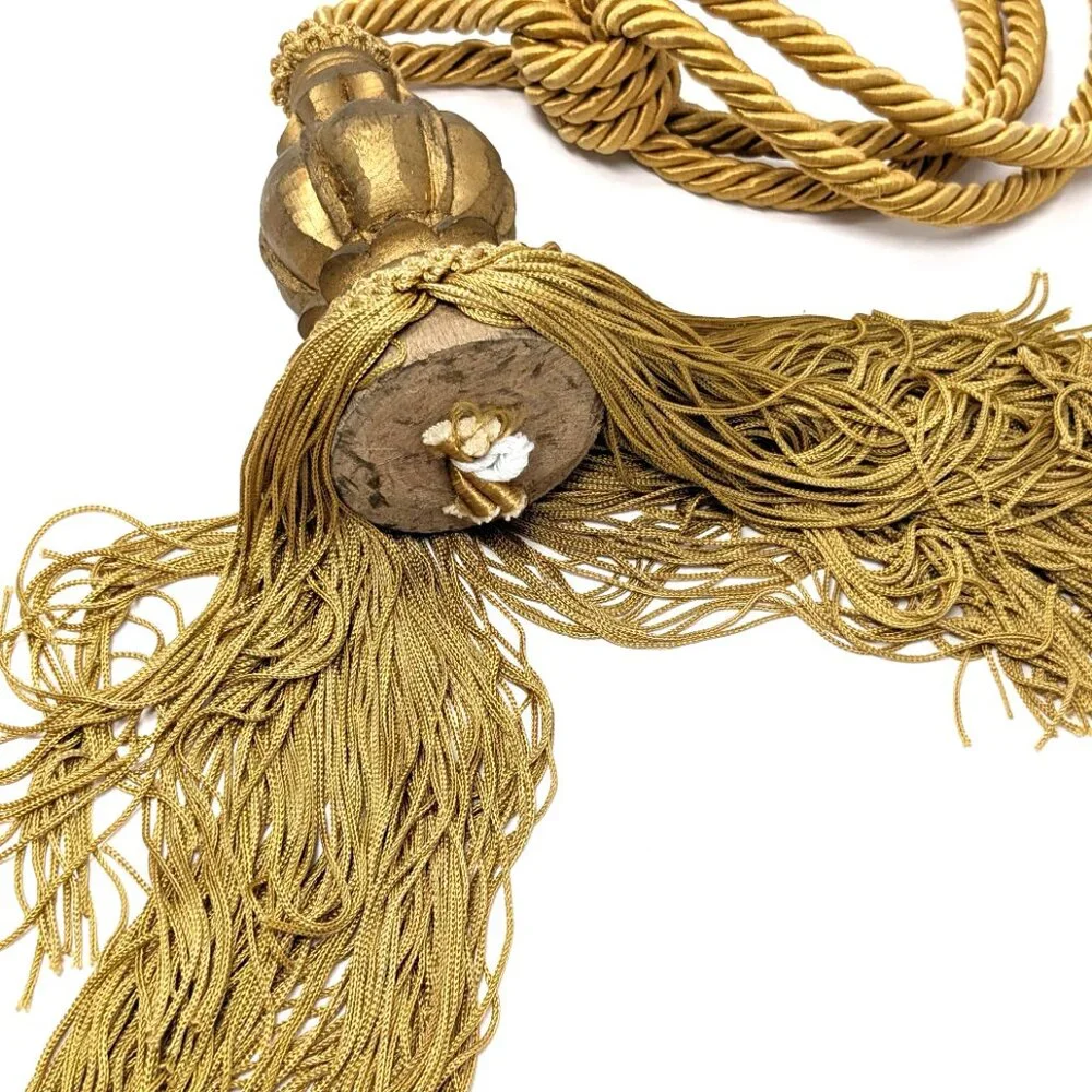 Vintage Curtain Tieback Gold Carved Wood Silk Tassel Regency Luxury Large 31